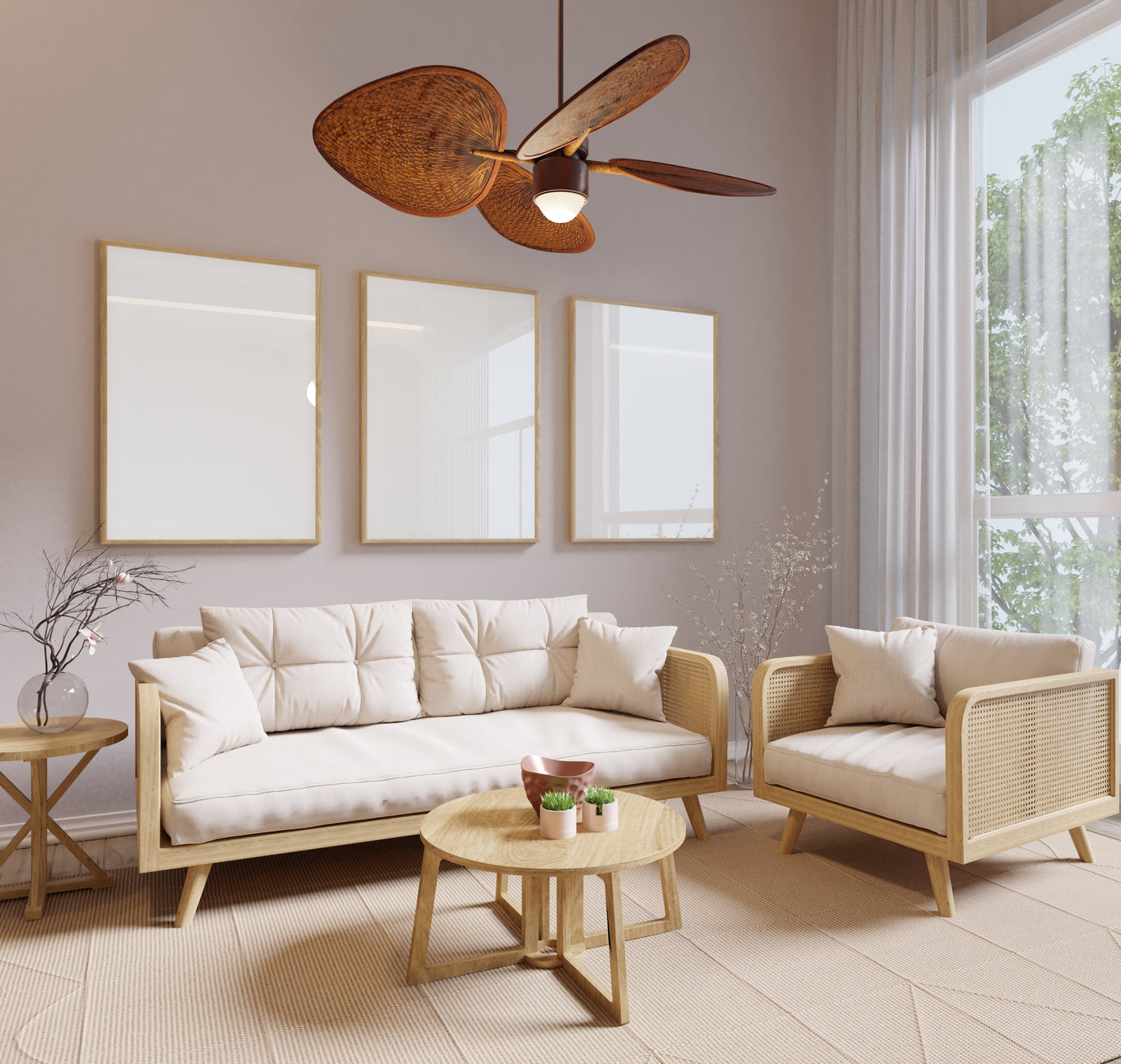 A cream living space with wooden accents, and a Japanese inspired fan overhead